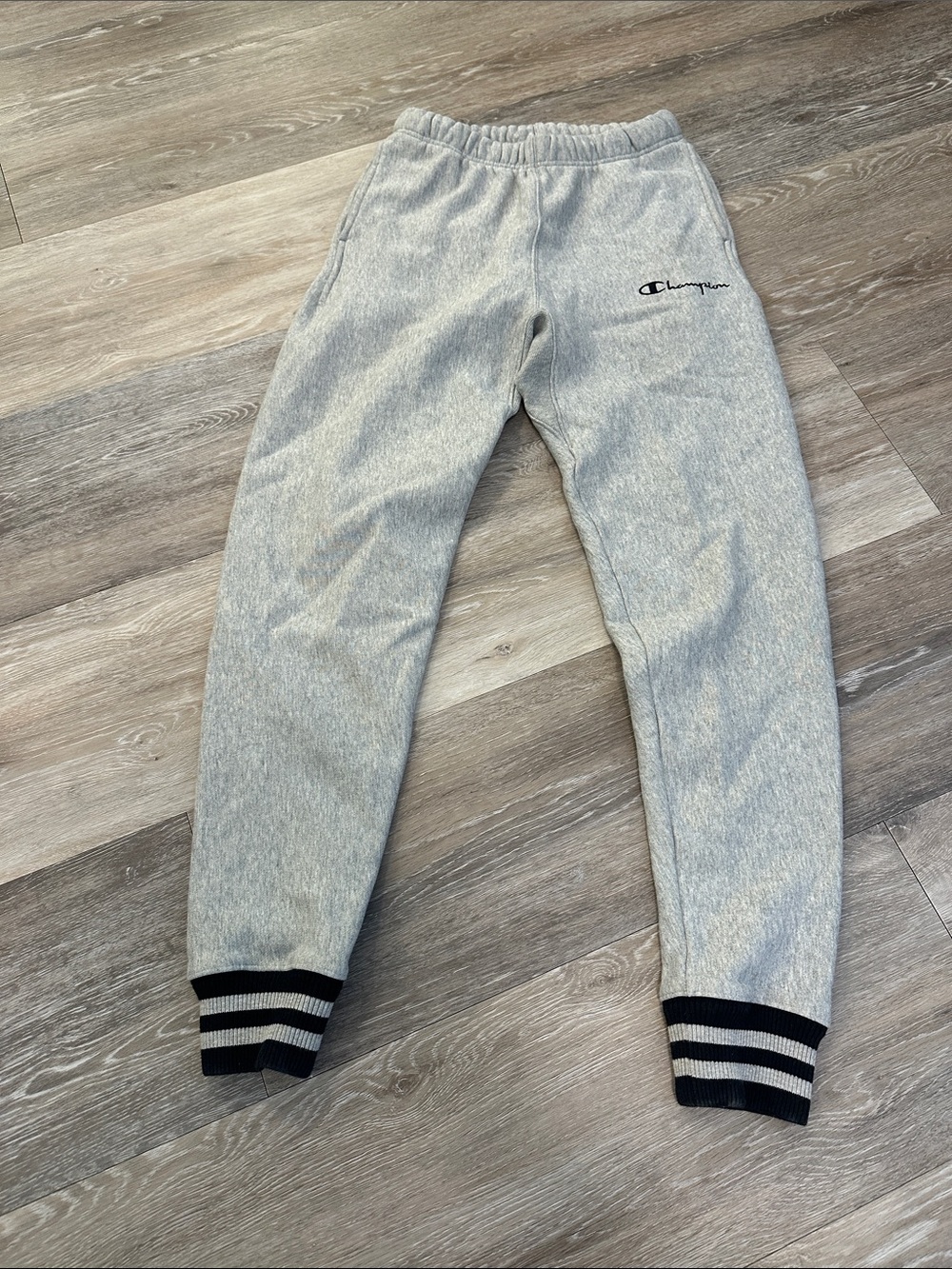 Champion Light Gray Logo Joggers with Striped Cuffs
